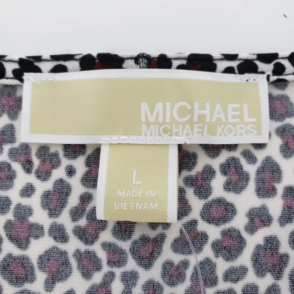 NWT MICHAEL KORS Arm Slit Animal Print Top Blouse Women L V-Neck Ruby Black
